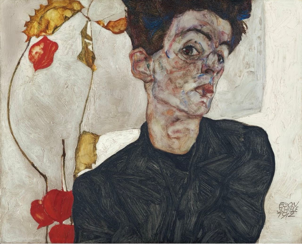 Self-Portrait with Chinese Lantern Plant-Egon Schiele